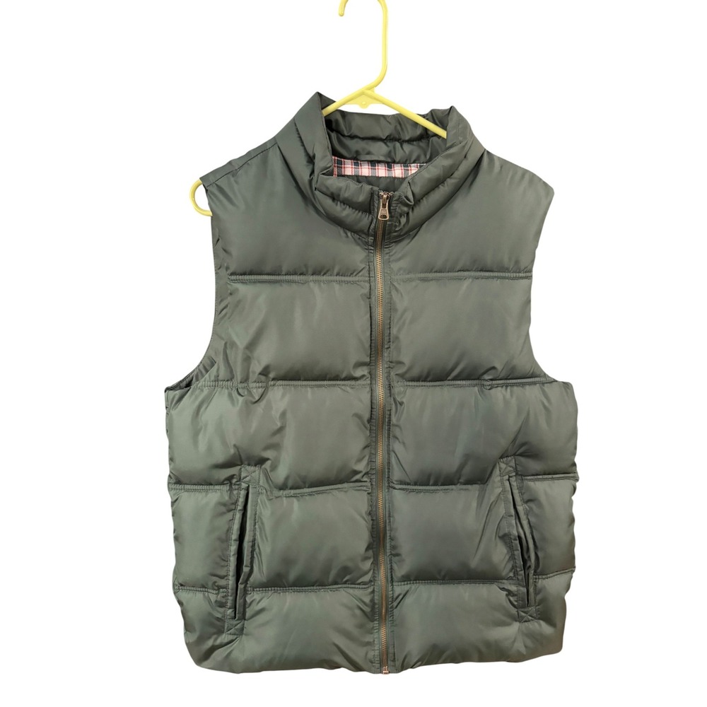 Merona Mens Olive‎ Green Puffer Vest Quilted Full Zip Plaid Lined Size Medium